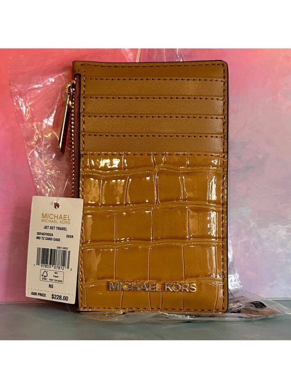 Michael Kors Jet Set Travel Medium TZ Card Case in a crocodile-embossed "Deer" - Picture 3 of 14